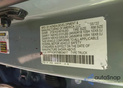 2022 Honda Ridgeline Rtl из США, поврежденный, VIN 5FPYK3F57NB034017